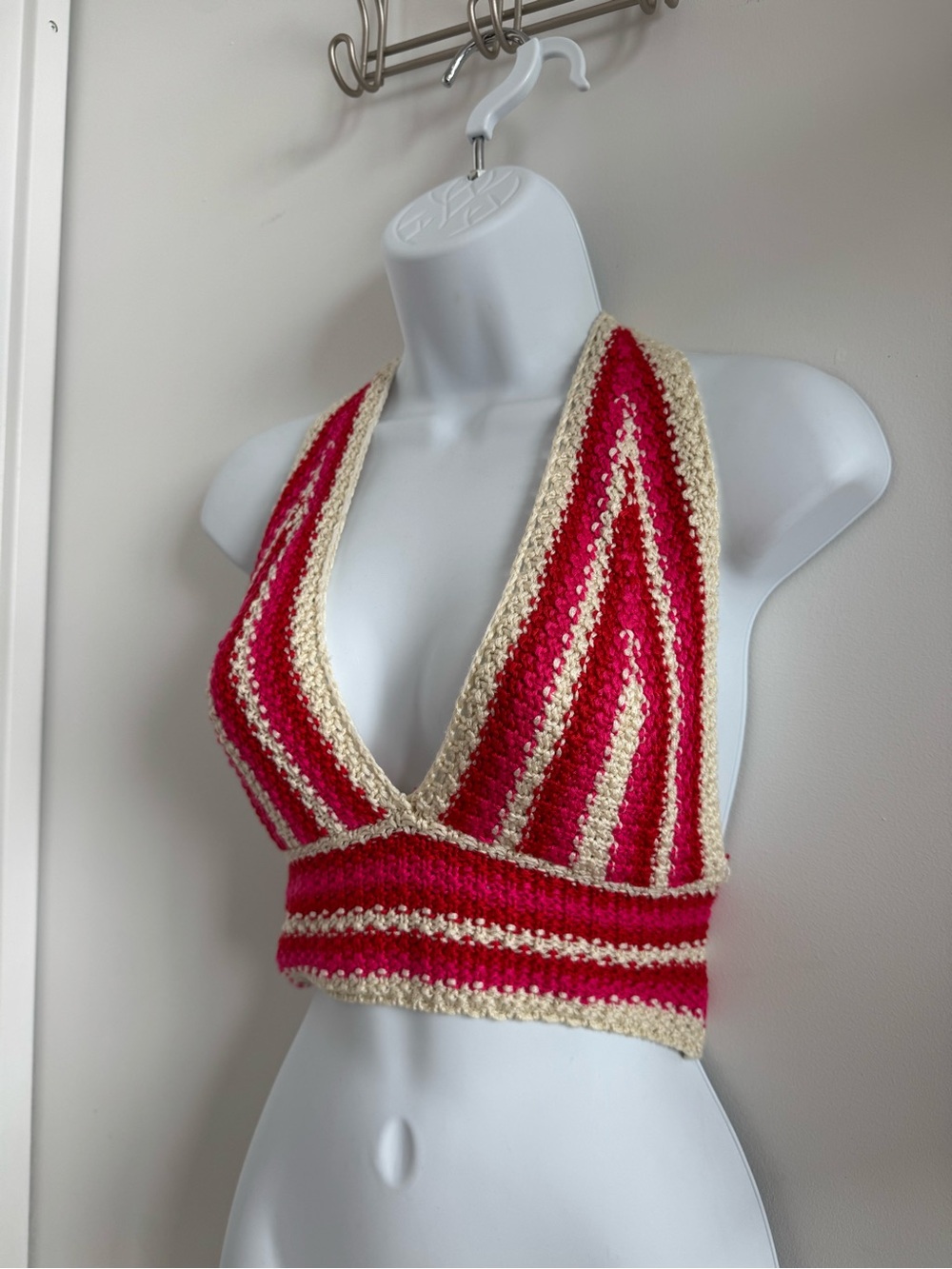 Crochet Halter Top in Pink + Cream